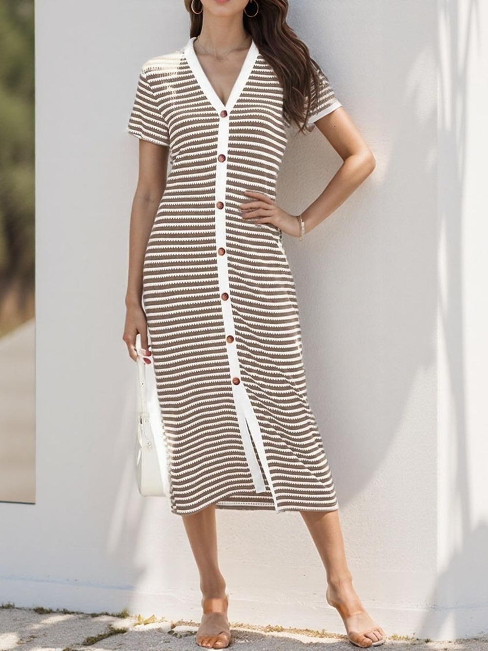 Charming Charlie Size S Striped V-Neck Button-Front Knee Length Knit Dress